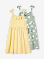 Girls-Pack of 2 Strappy Dresses: 1 Printed + 1 Plain, for Girls