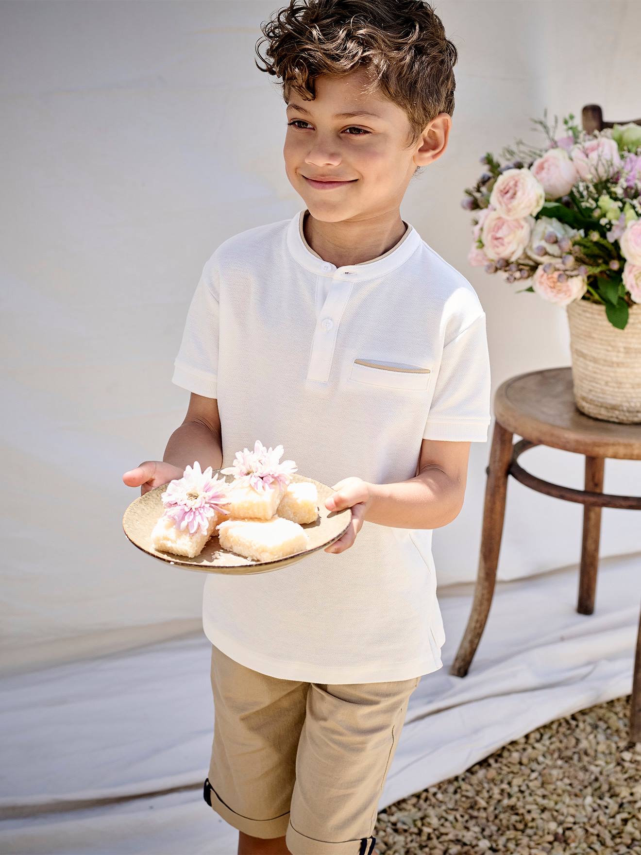 Boy's Mao collar polo shirt ecru