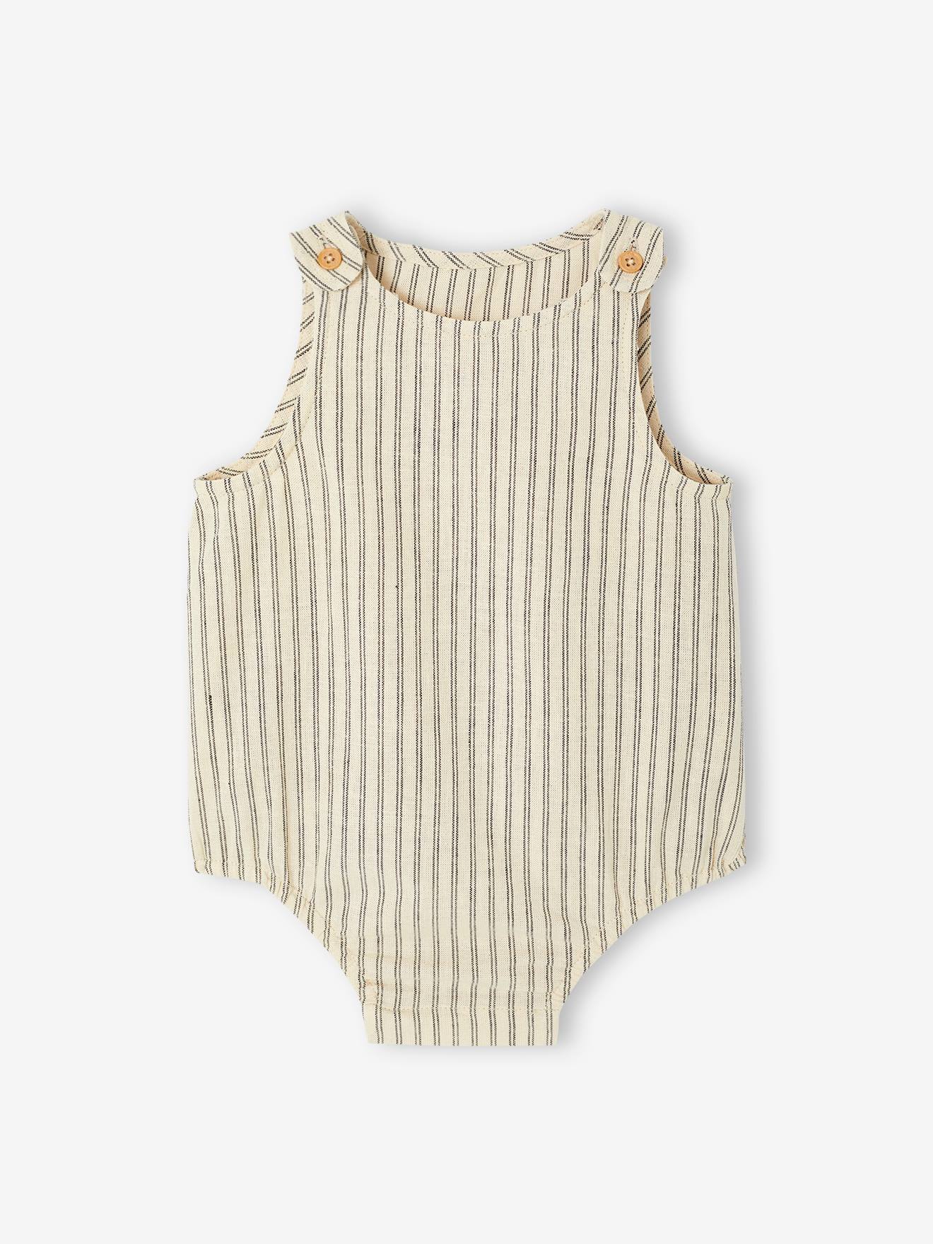 Striped baby romper in cotton linen ecru