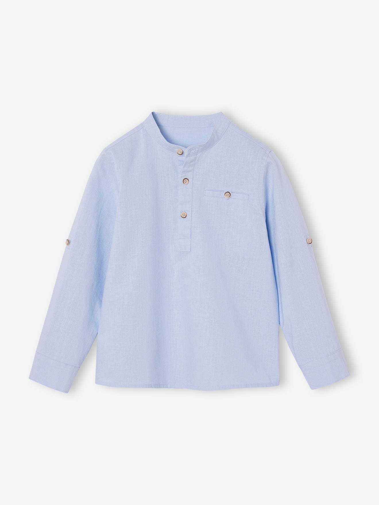 Cotton linen Mao collar shirt with turn-up sleeves