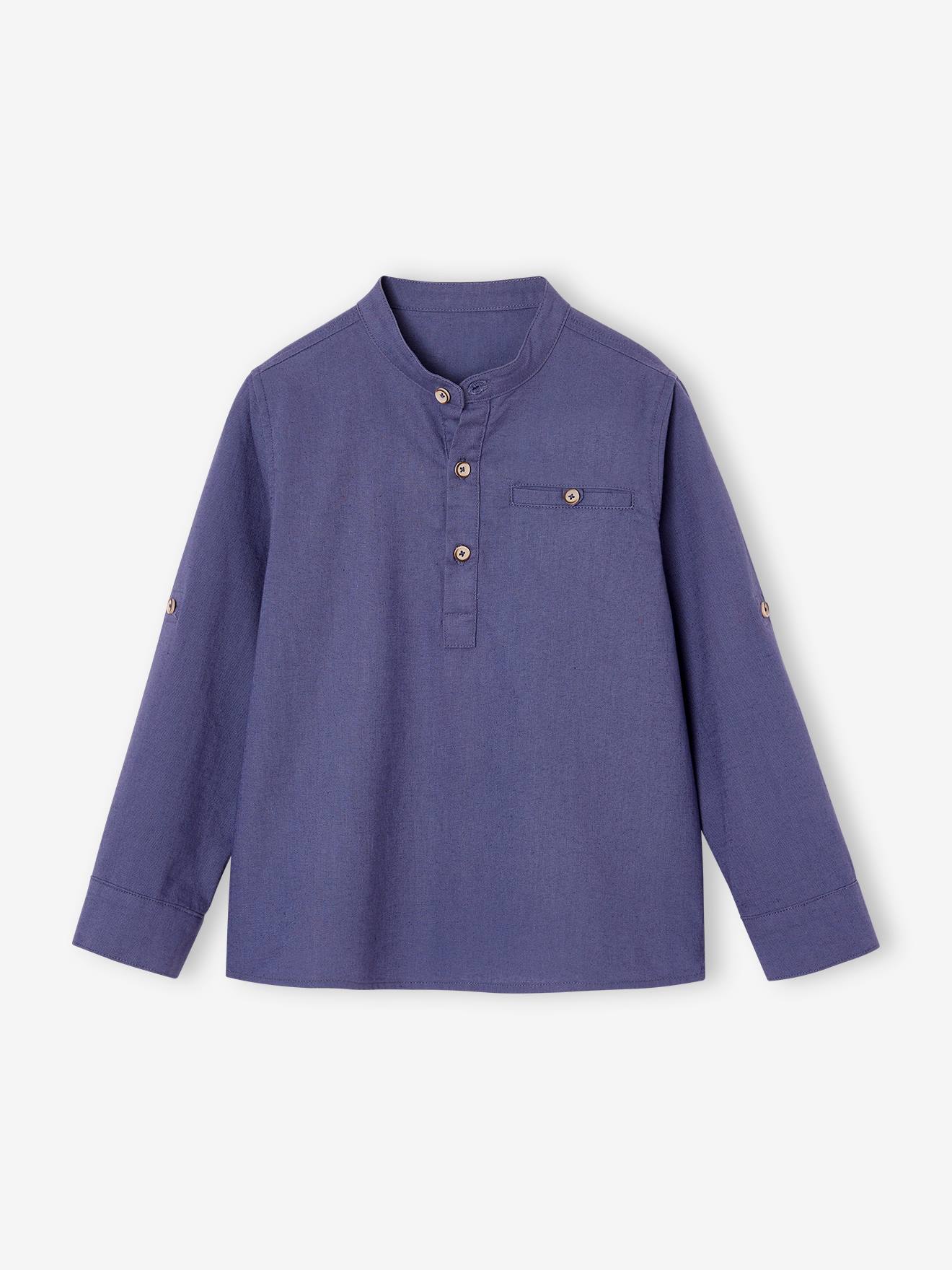 Cotton linen Mao collar shirt with turn-up sleeves