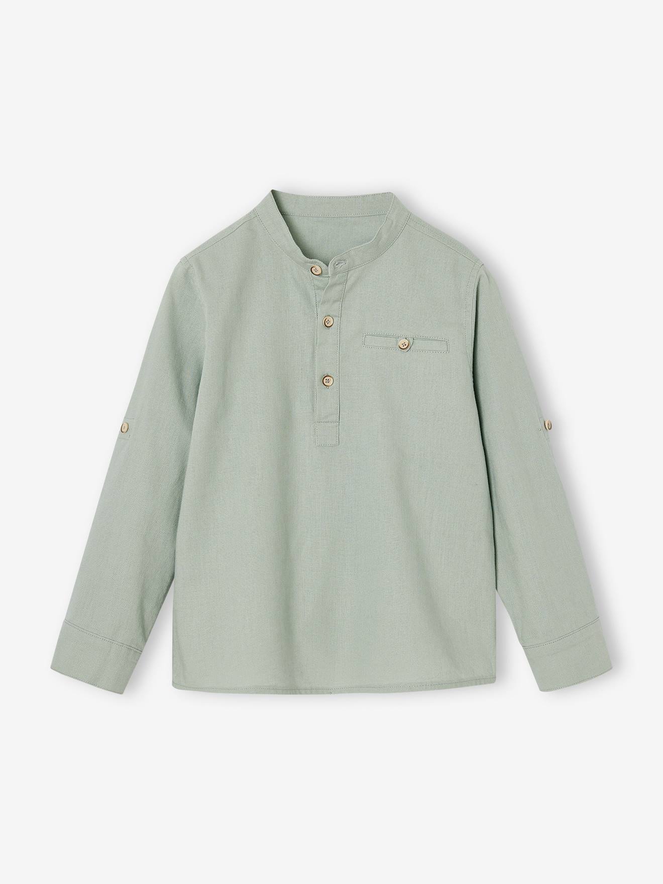 Cotton linen Mao collar shirt with turn-up sleeves