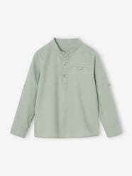 Boys-Shirts-Cotton/linen Mao collar shirt with turn-up sleeves for boys