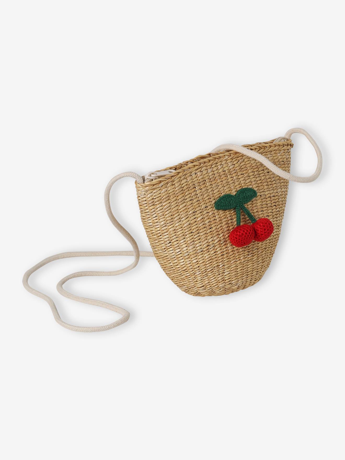 Paper Straw Basket Bag with Crocheted Cherry