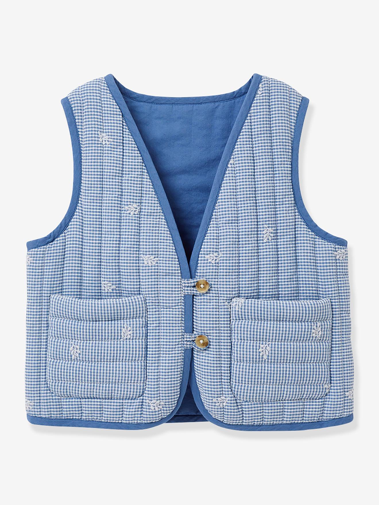Gingham embroidered CYRILLUS girl's sleeveless quilted jacket chequered
