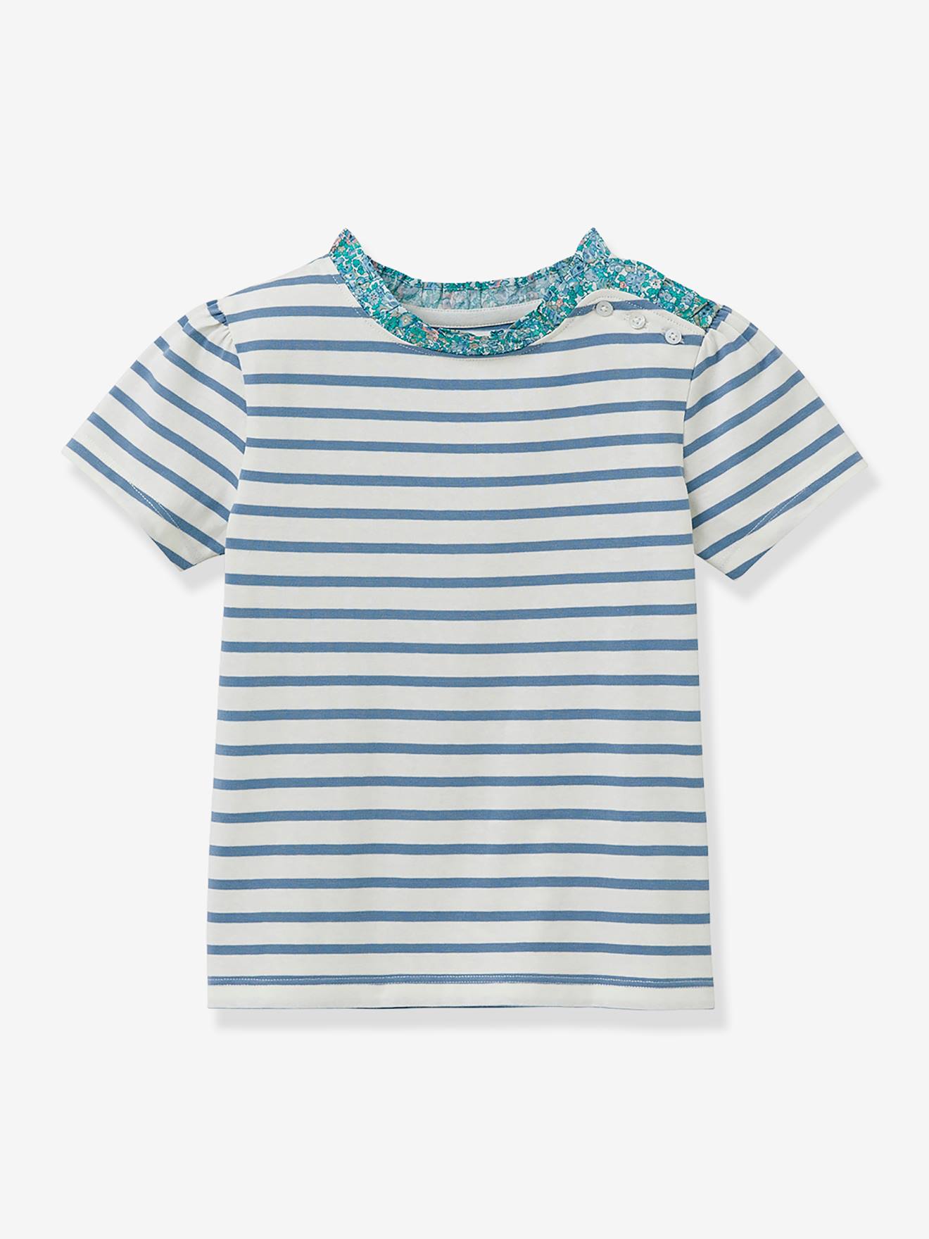 Girl's short-sleeved CYRILLUS organic cotton Liberty® fabric Breton t-shirt