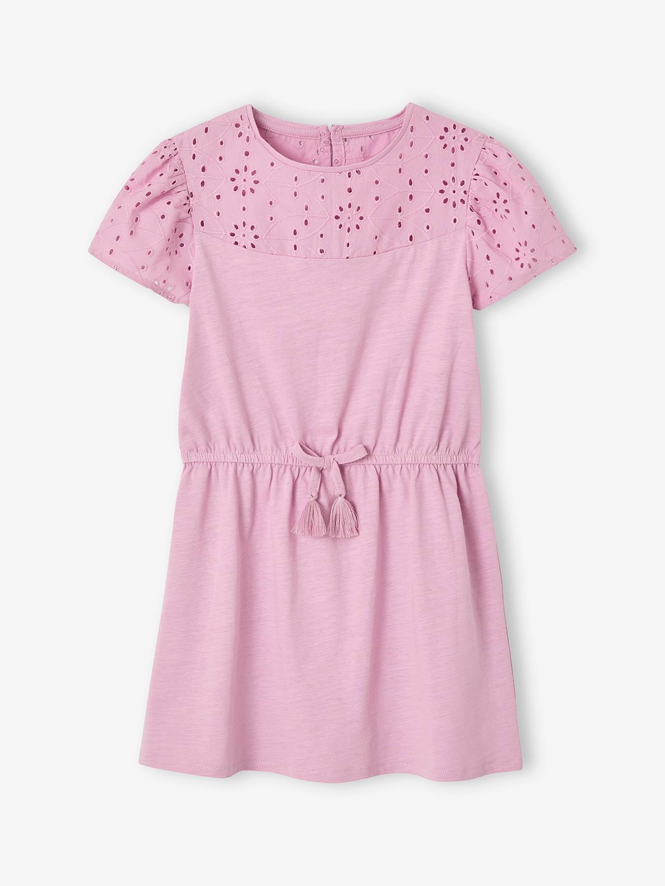 Girls' dress with English embroidery details lilac