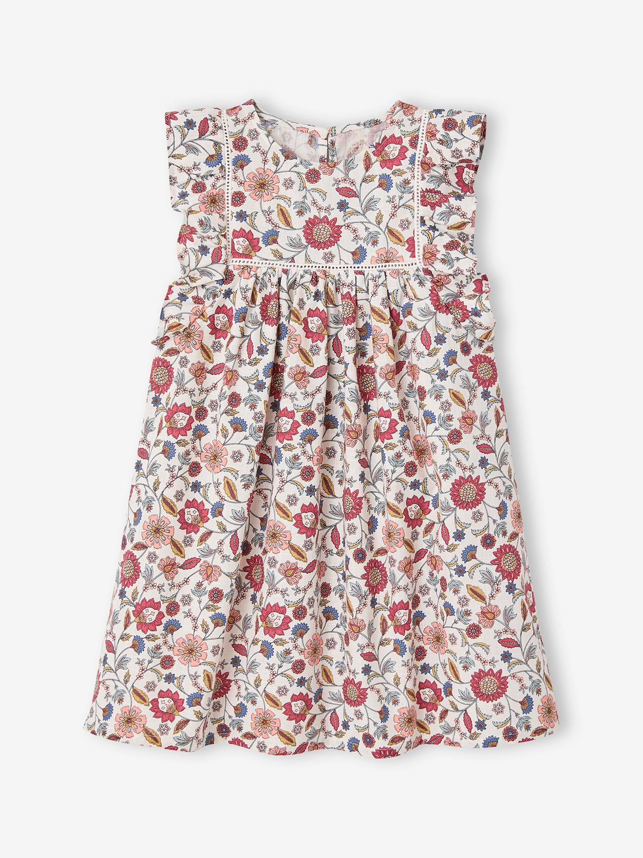 Frilly Floral Print Dress For Girls ecru