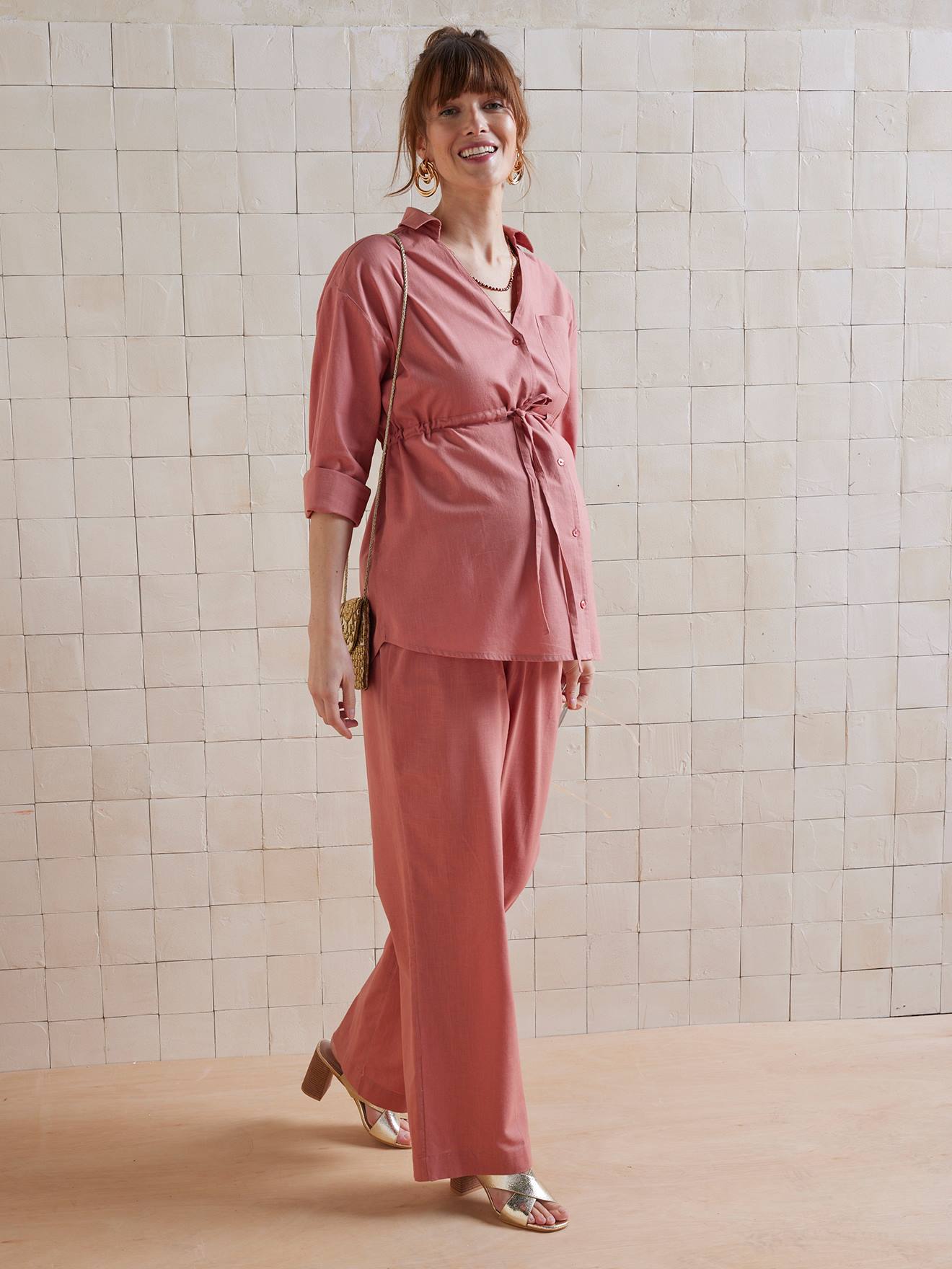 Plain Wide-Leg Linen-Effect Trousers
