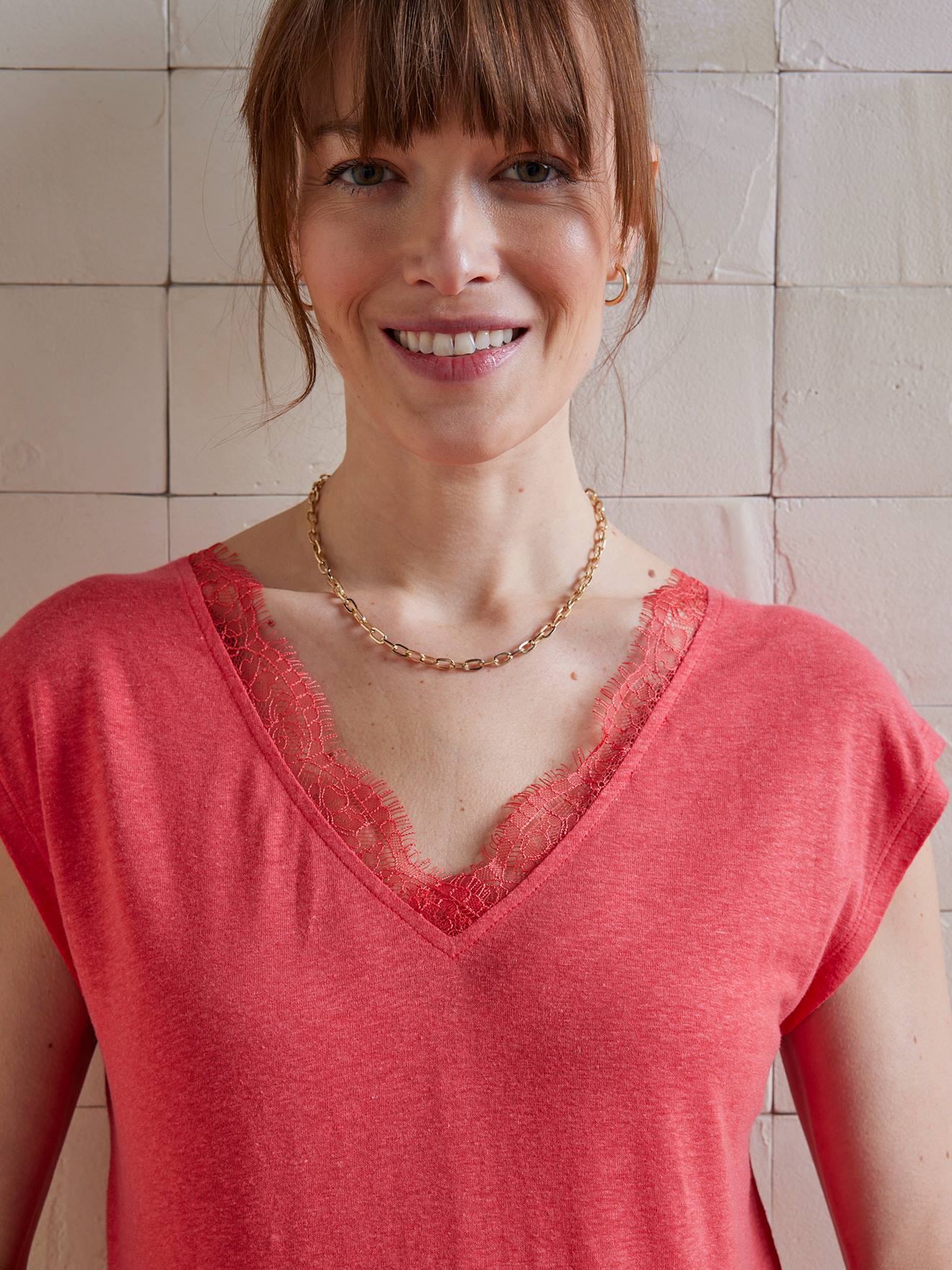 Linen Blend Front Back Maternity T-Shirt pomegranate