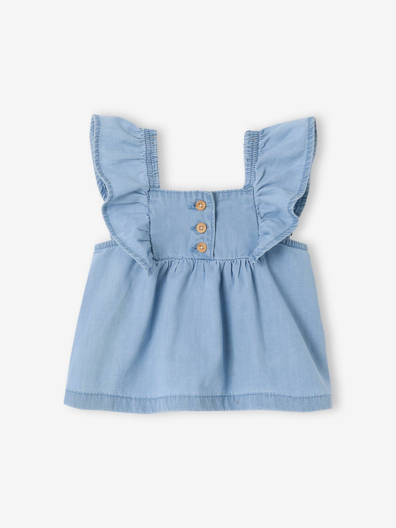 Lightweight Denim Blouse With Frilled Short Sleeves