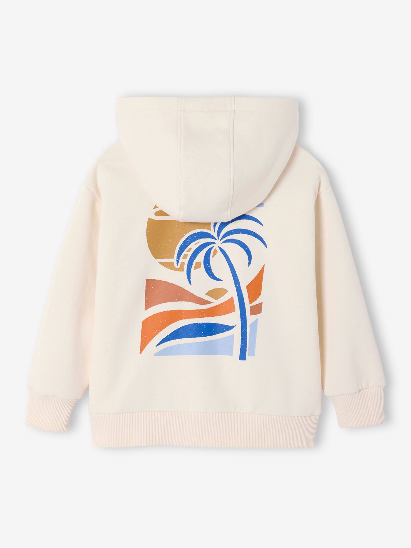Boys' hooded zip-up sweatshirt with large back print ecru