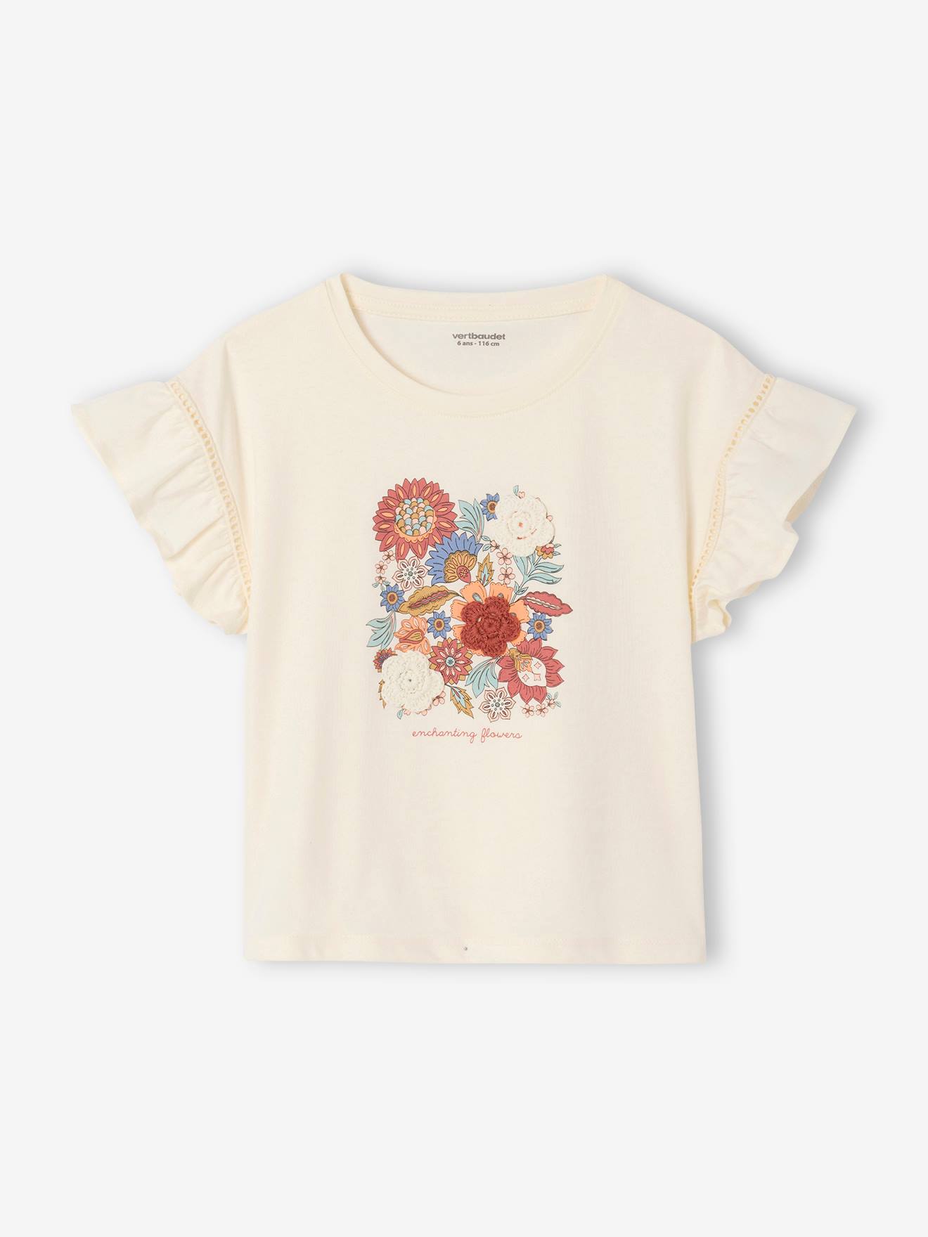 Embroidered Floral Short-Sleeved T-Shirt with Frill