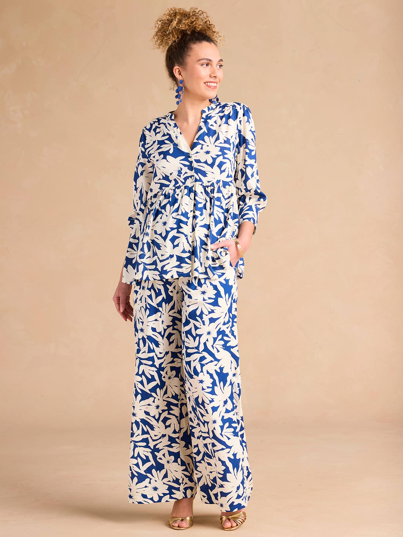 Floral Print Wide-Leg Trousers with Belly Band