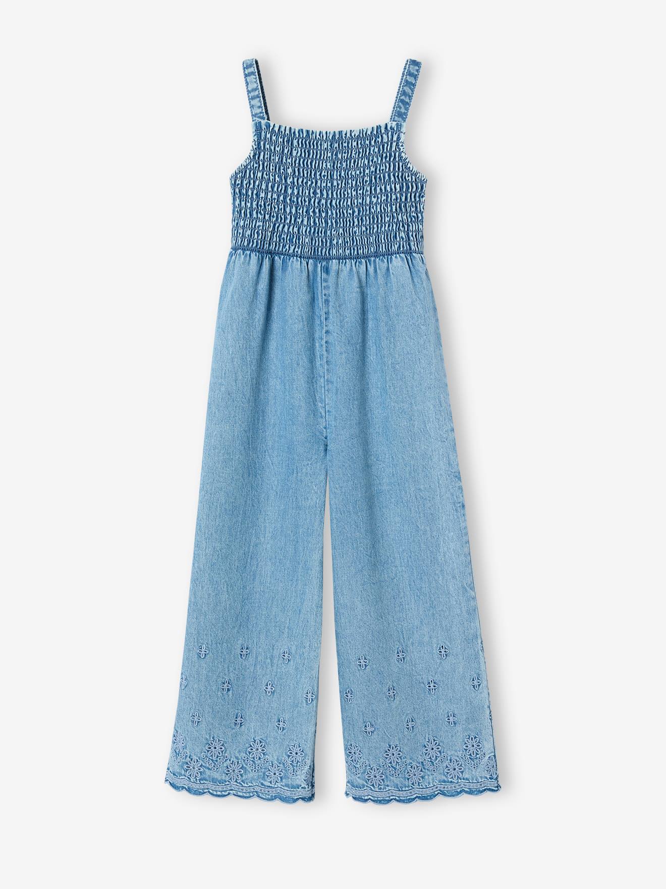 Lightweight denim floral embroidered mock neck jumpsuit