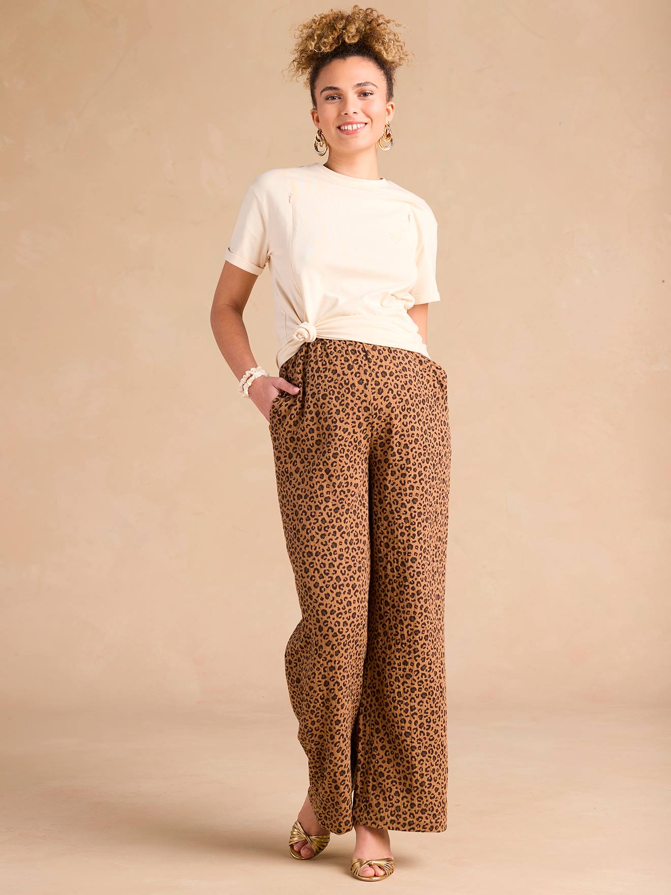 Wide-Leg Leopard Print Trousers in Cotton Gauze for Maternity