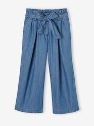 Girls-Wide, Cropped Paperbag-Type Trousers in Lightweight Denim, for Girls