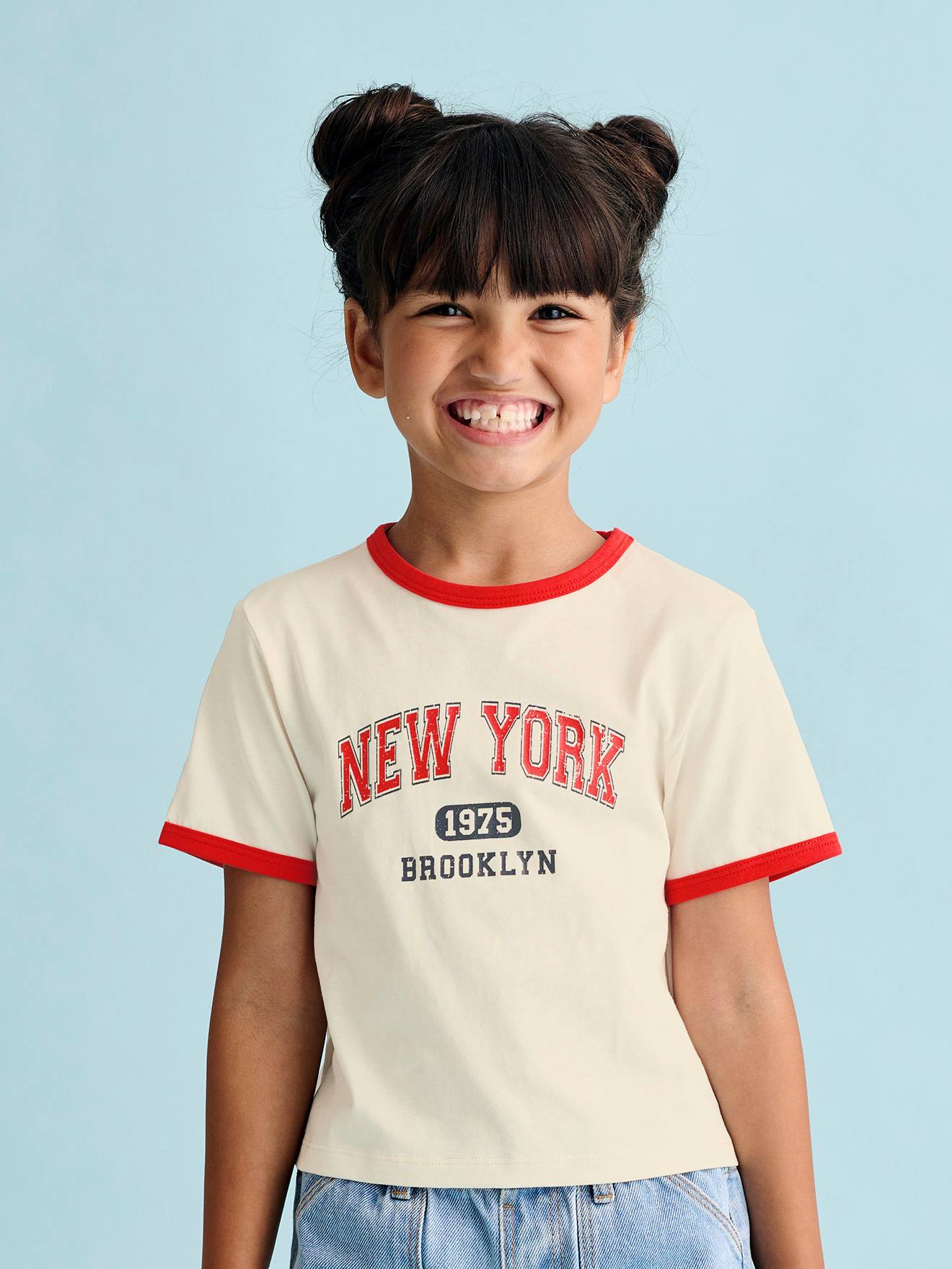 Girls' cropped college-style T-shirt ecru