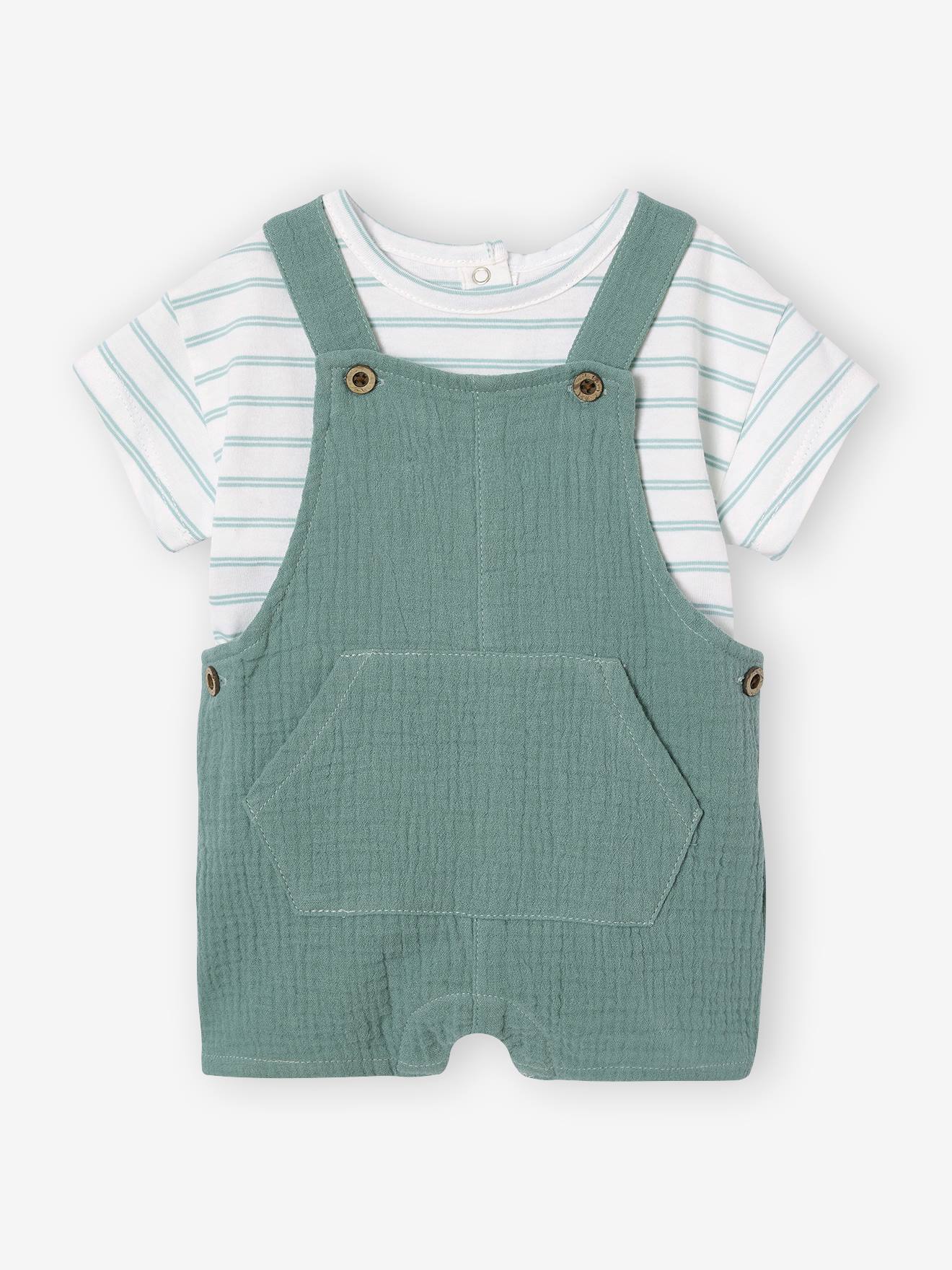 Striped T-Shirt & Playsuit Set in Cotton Gauze