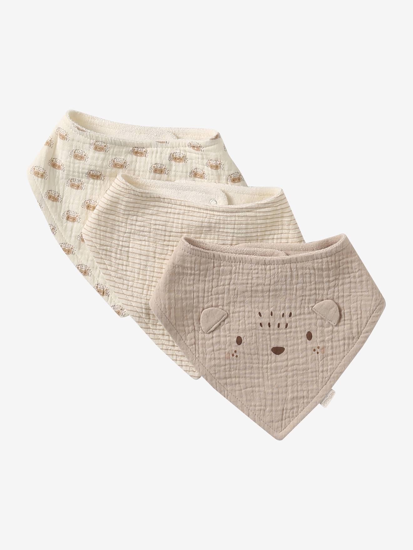 3 Bandana-Style Bibs in Cotton Gauze cappuccino
