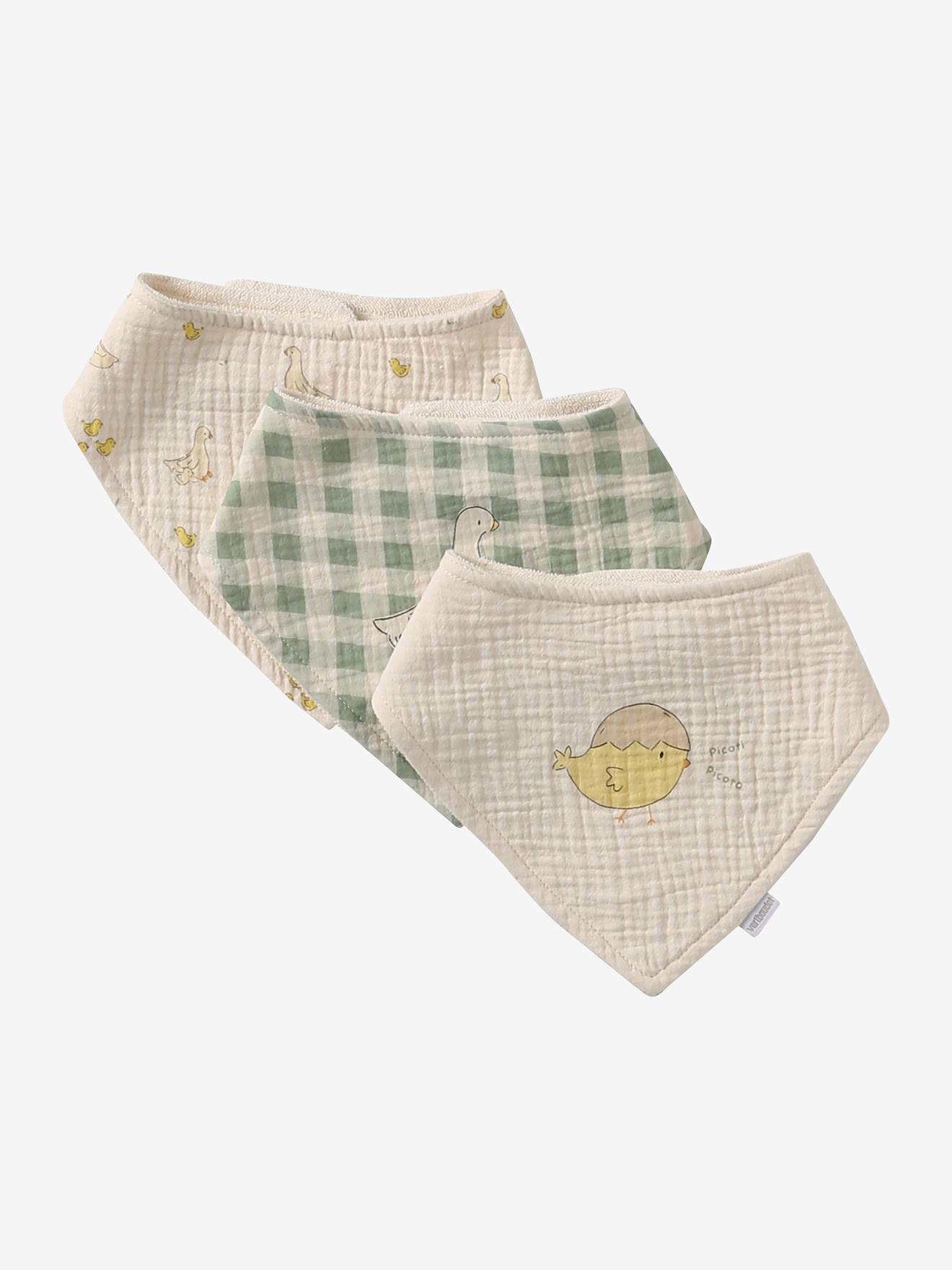 3 Bandana-Style Bibs in Cotton Gauze chequered