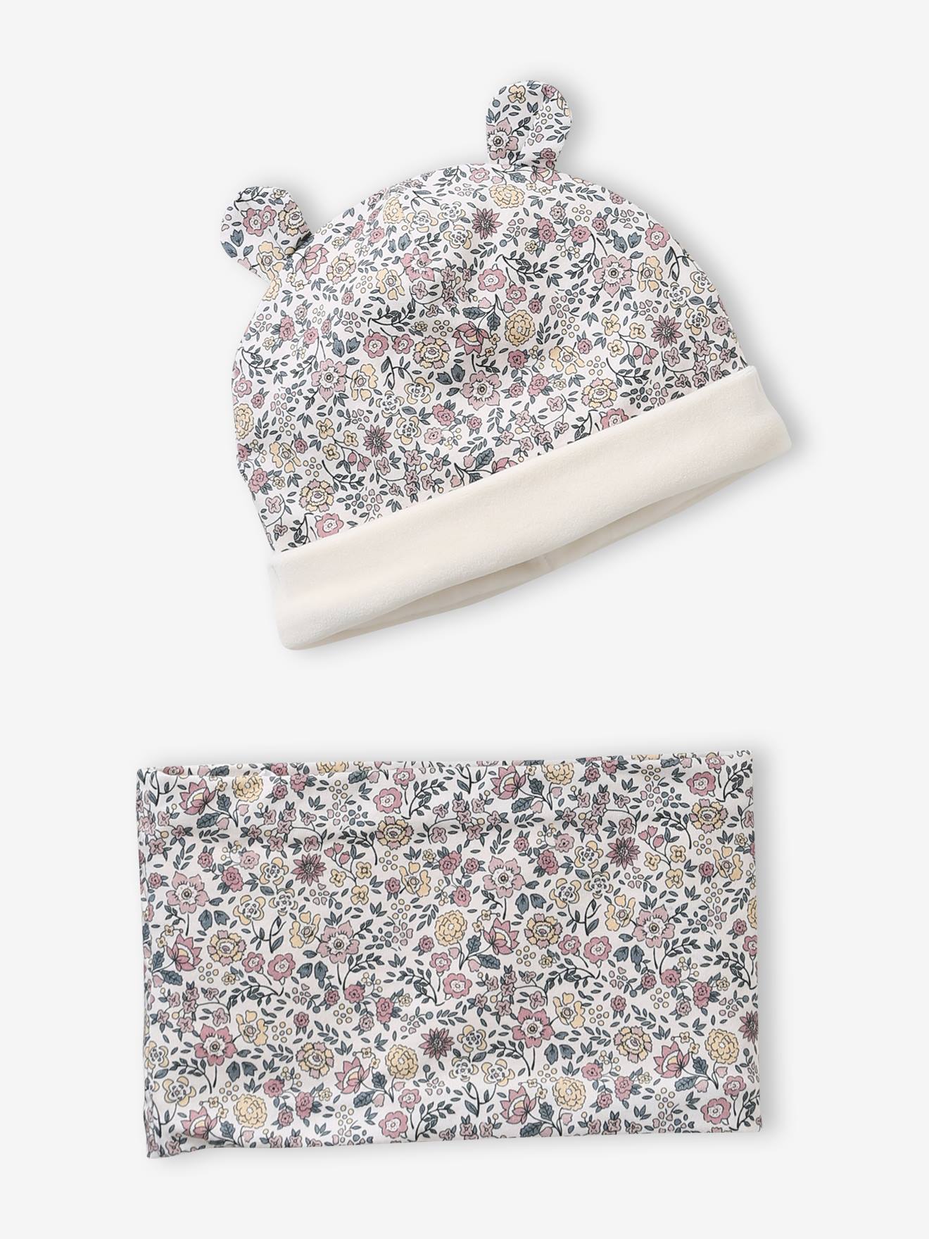 Sherpa-Lined Floral Print Beanie & Snood Set