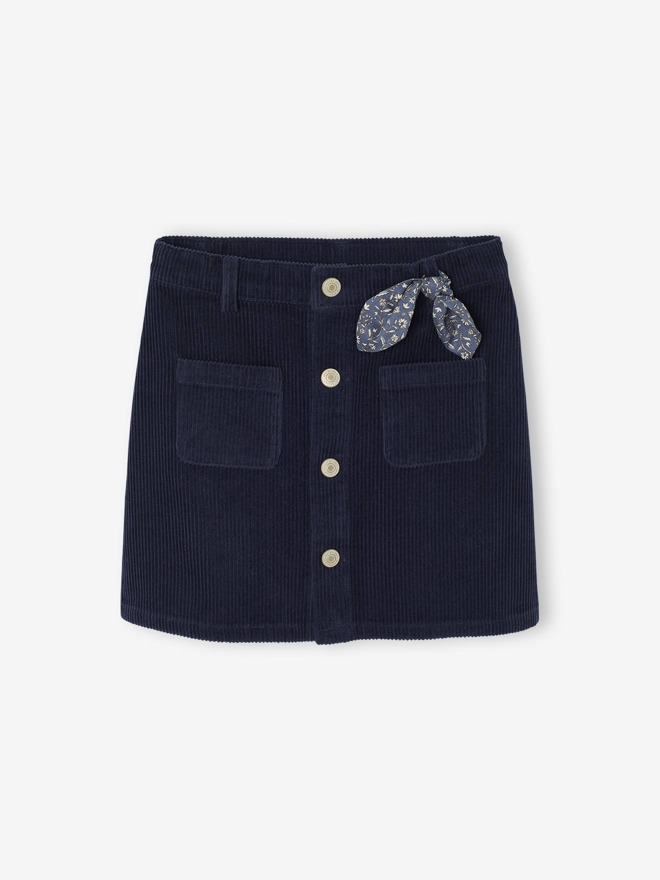 Buttoned Corduroy Skirt with Fancy Bow