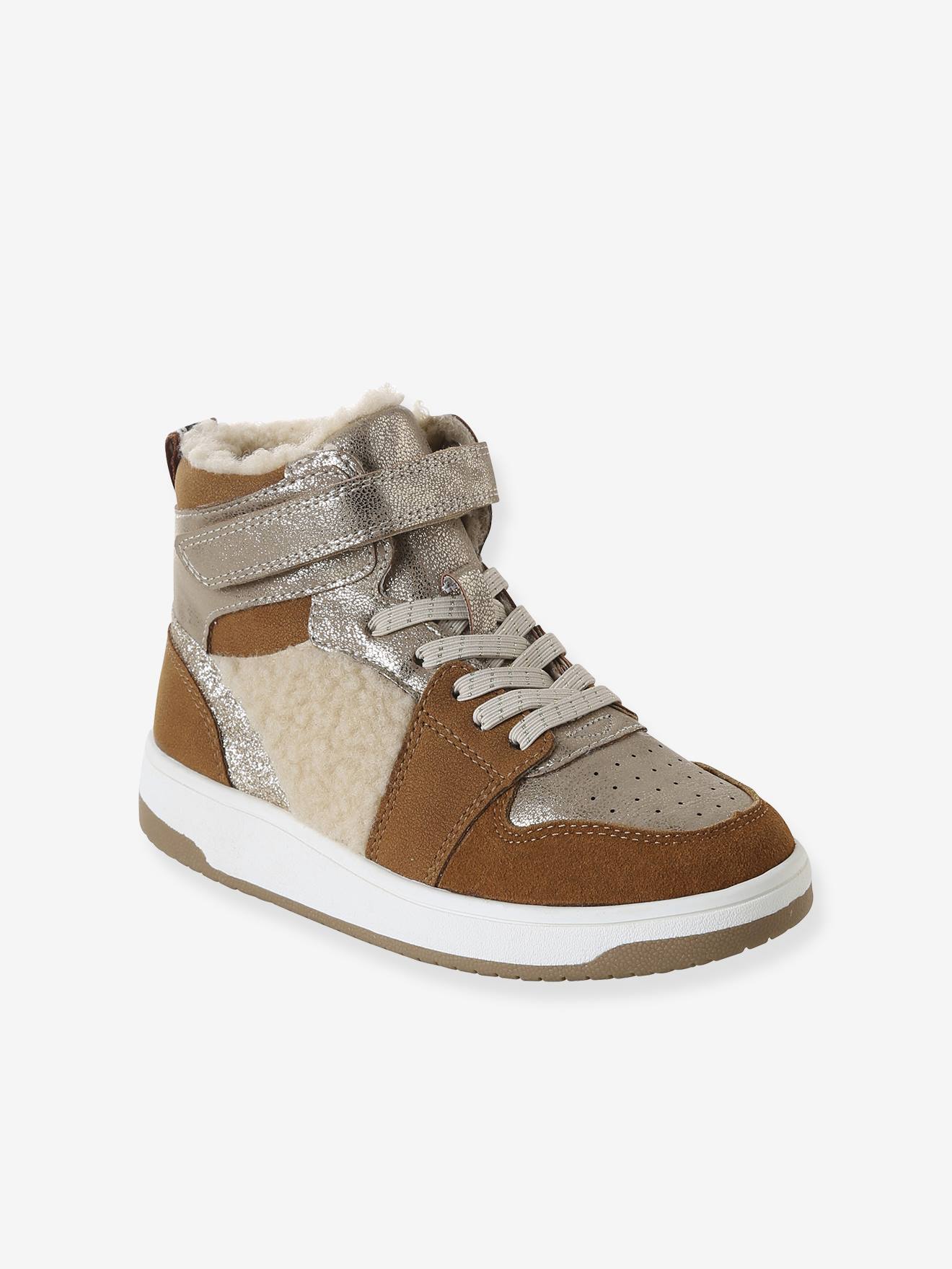 Girls' faux fur lined synthetic trainers camel