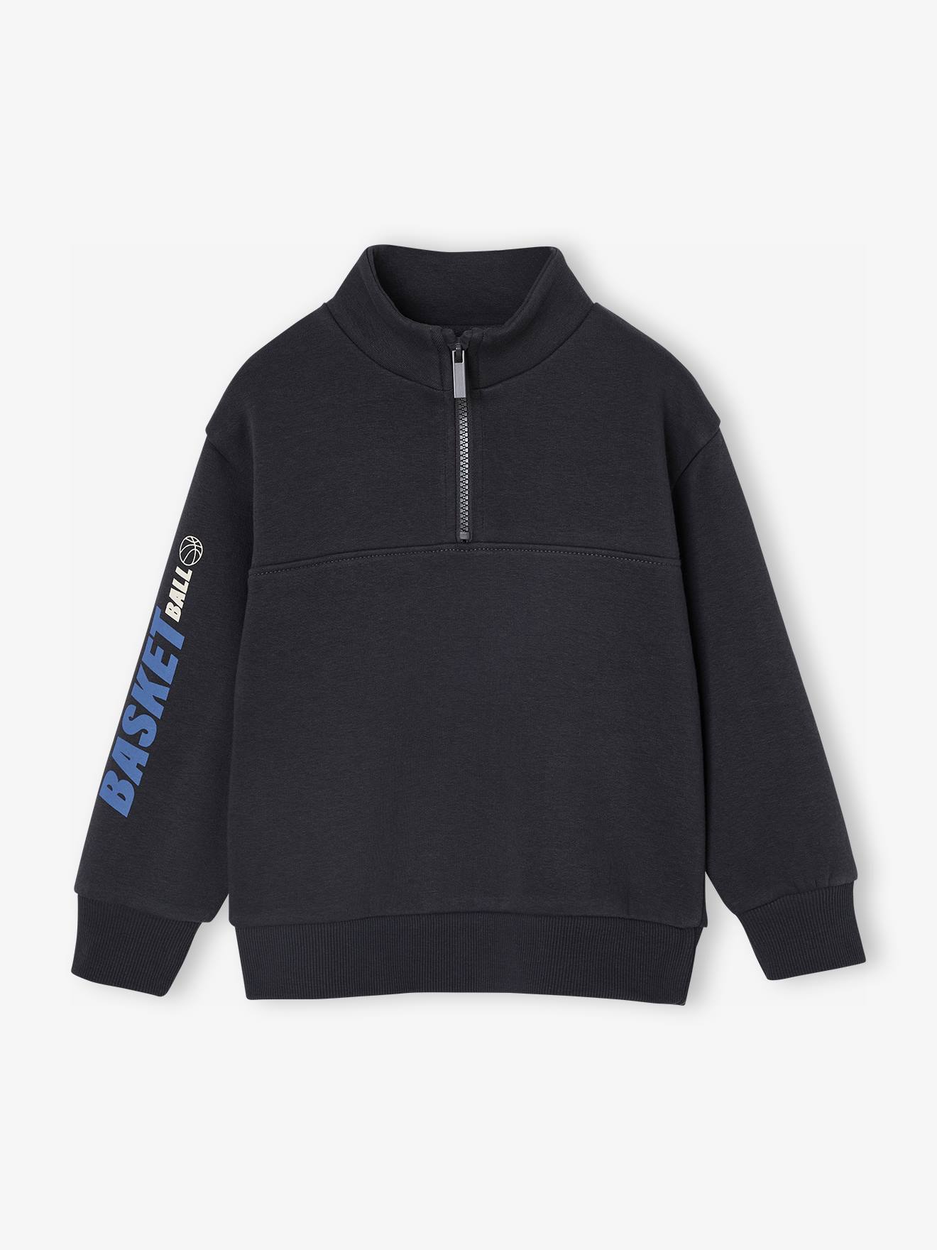 Sports Sweatshirt with Zip on the Neckline & Basketball on Sleeve