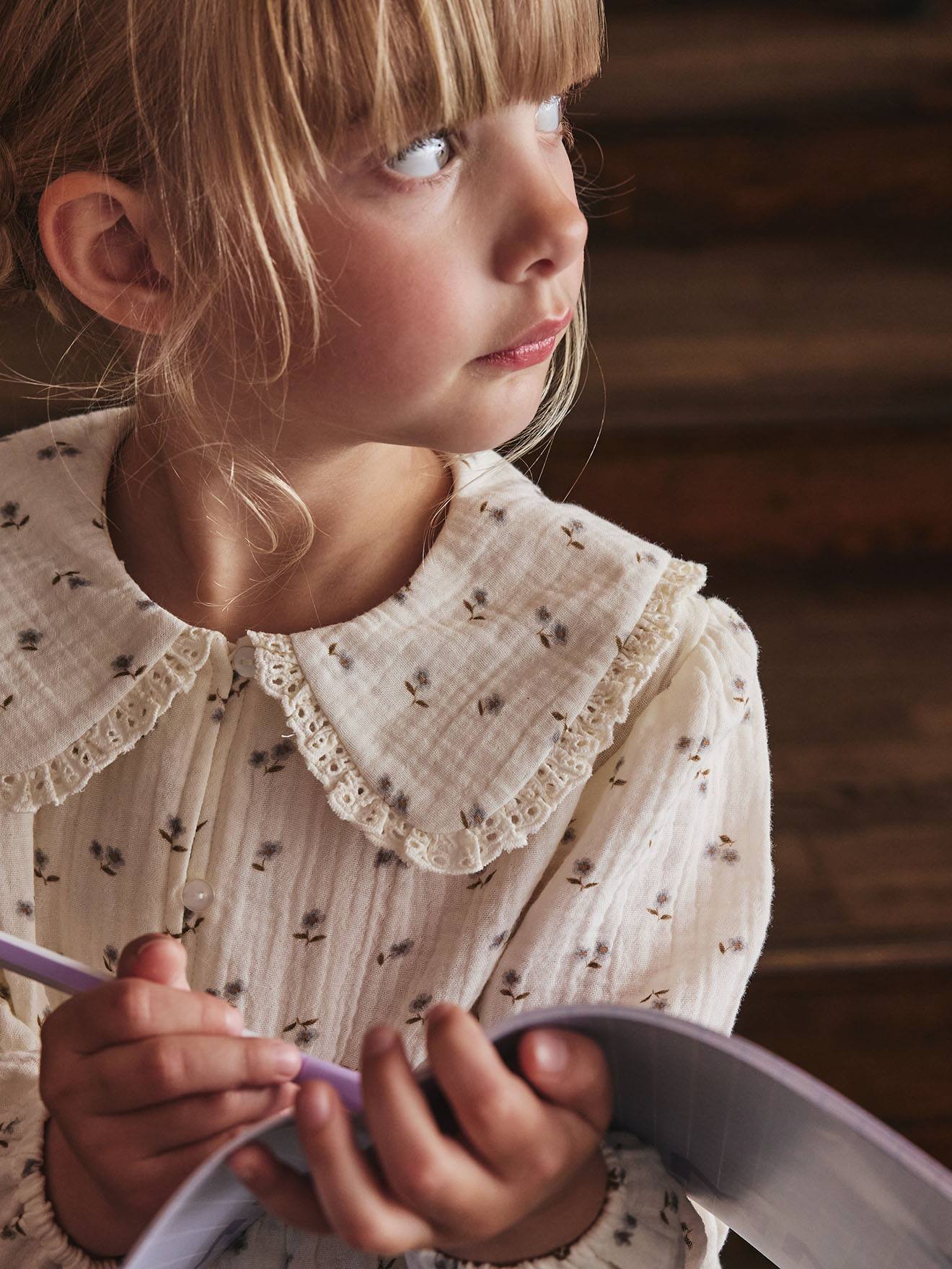 Shirt in Cotton Gauze with Broderie Anglaise Collar