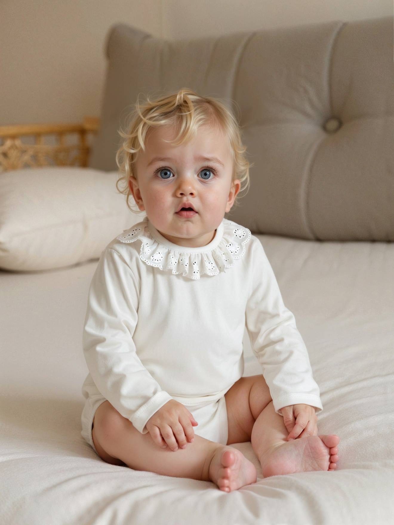 Long-sleeved baby bodysuit with English embroidery collar ecru