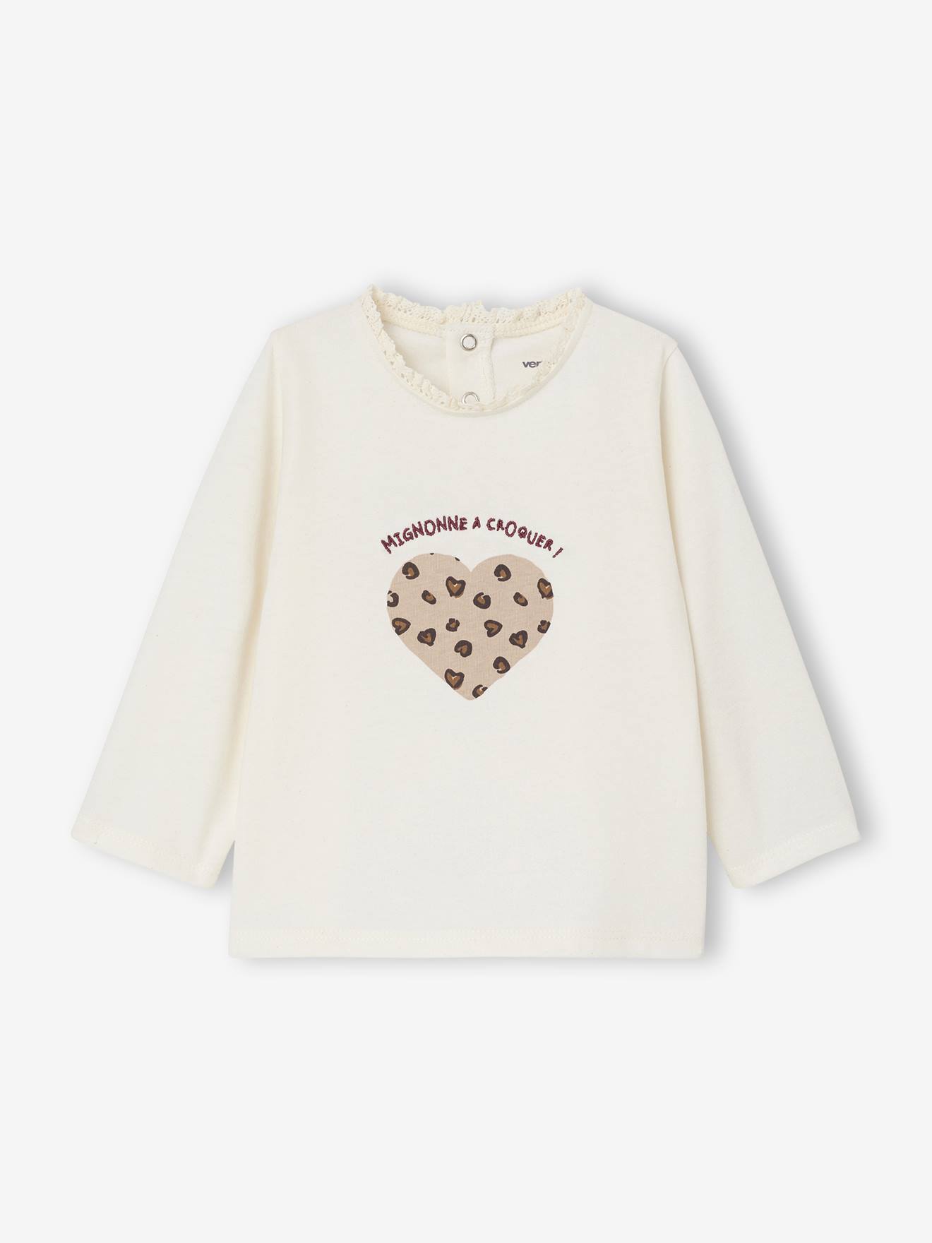 Long-sleeved baby t-shirt with leopard heart pattern ecru