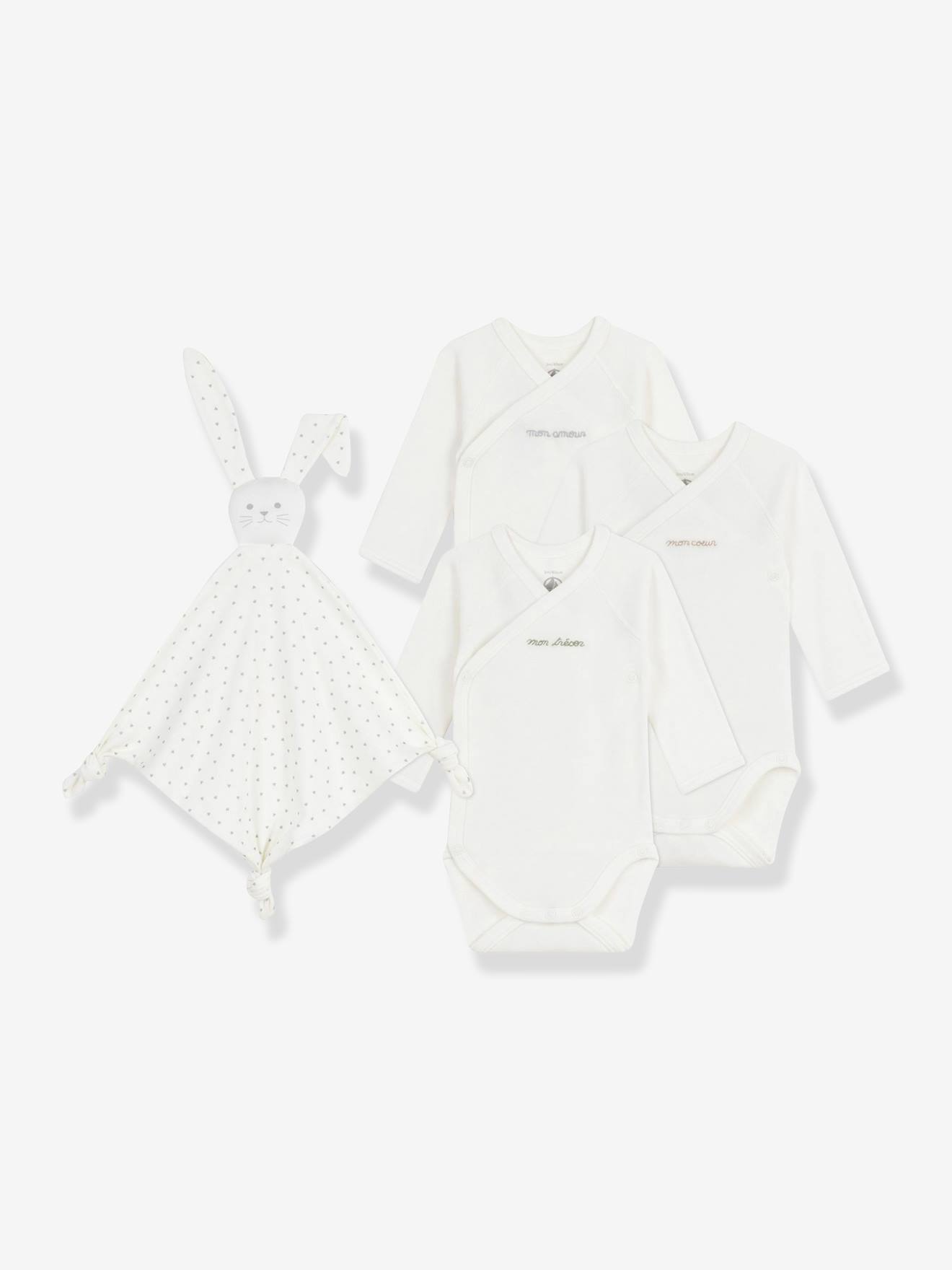 Set of 3 Embroidered Cotton Bodysuits & Rabbit Comforter for Newborns