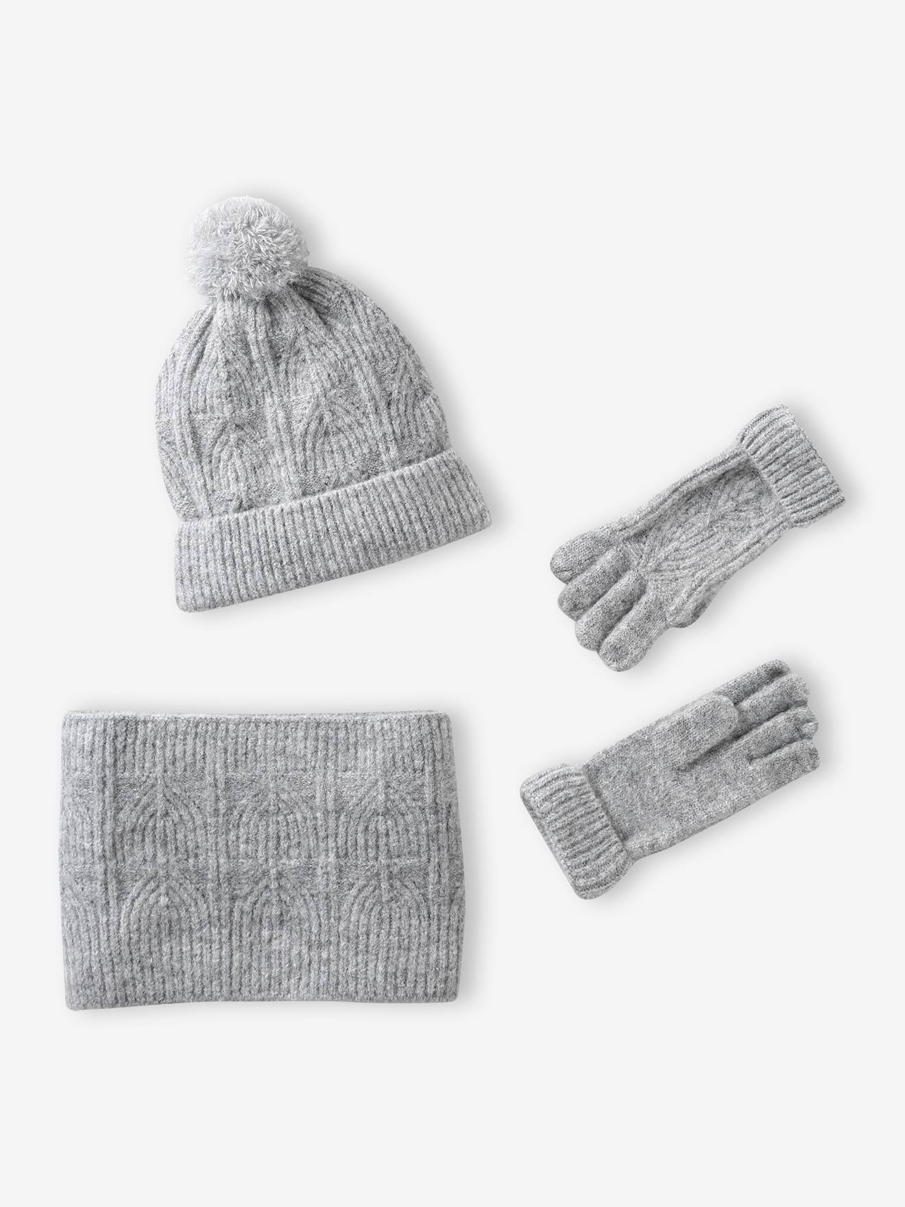 Beanie + Snood + Mittens Set in Shimmering Cable-Knit marl