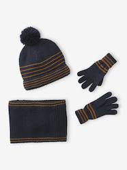 Boys-Striped Set for Boys: Beanie + Snood + Mittens/Gloves