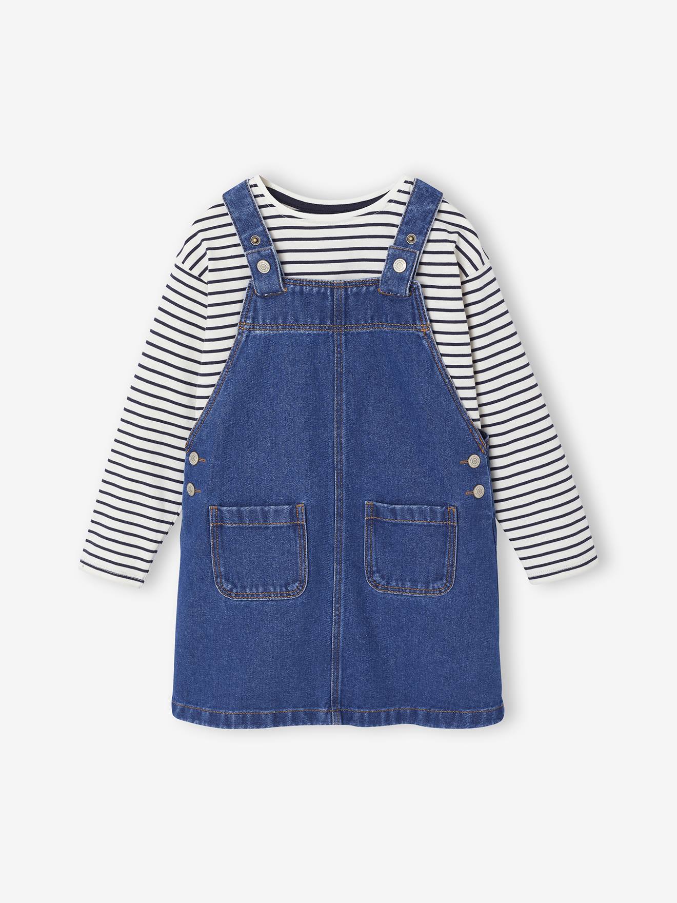 Denim Dungaree Dress & Striped T-Shirt Set