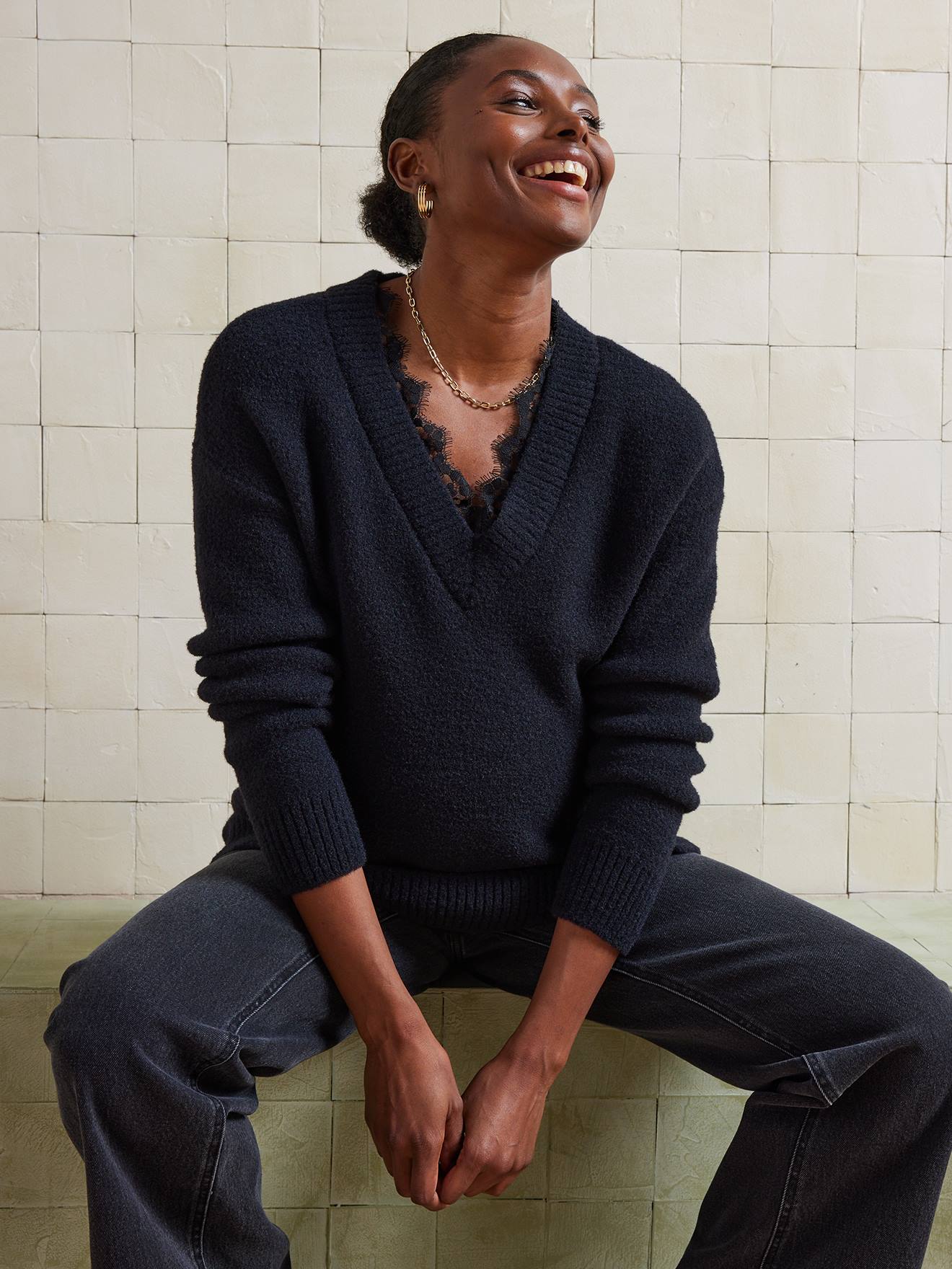V-neck nursing clothes jumper in moss stitch and lace