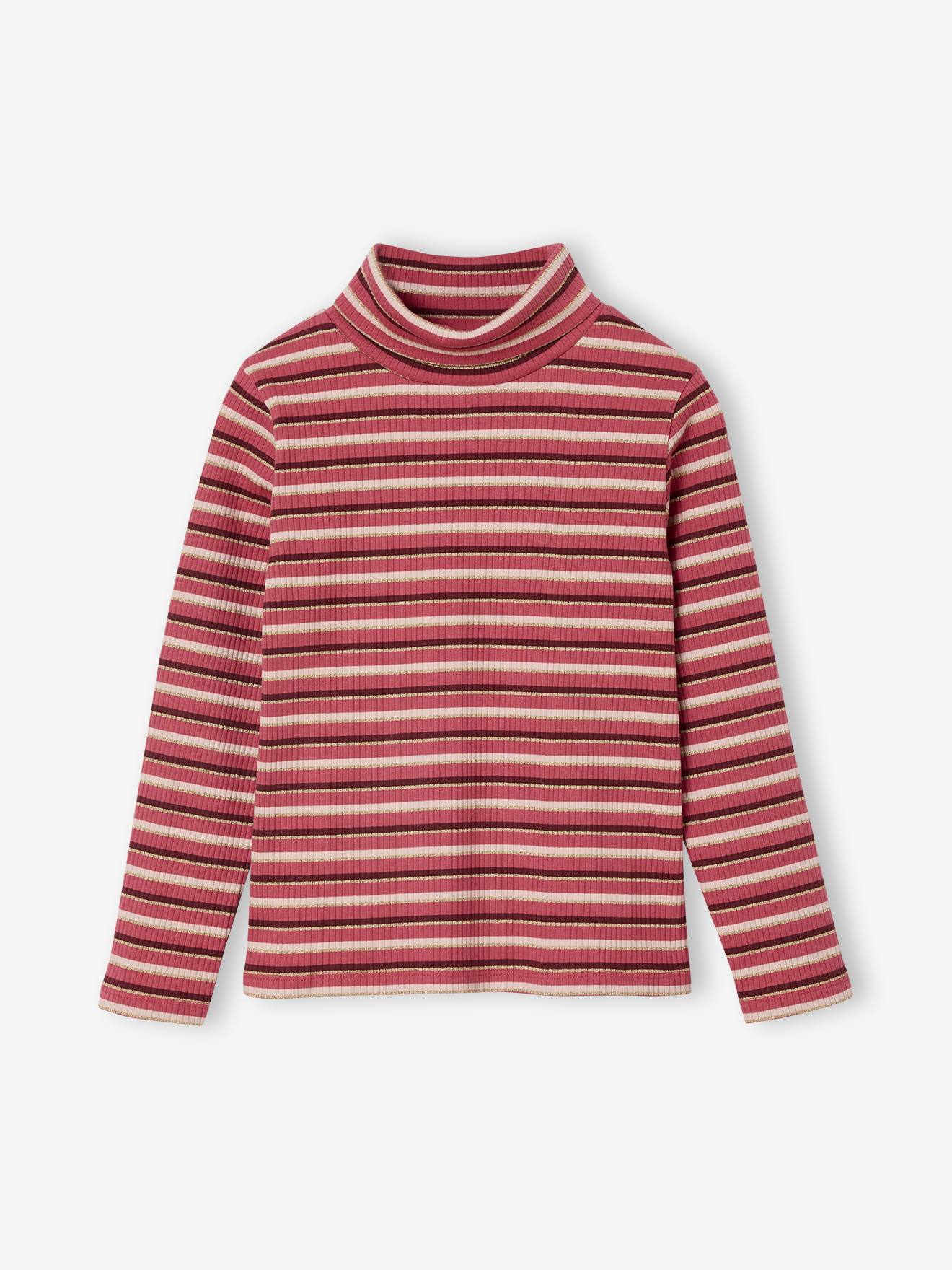 Polo Neck Top in Rib Knit for Girls striped blue