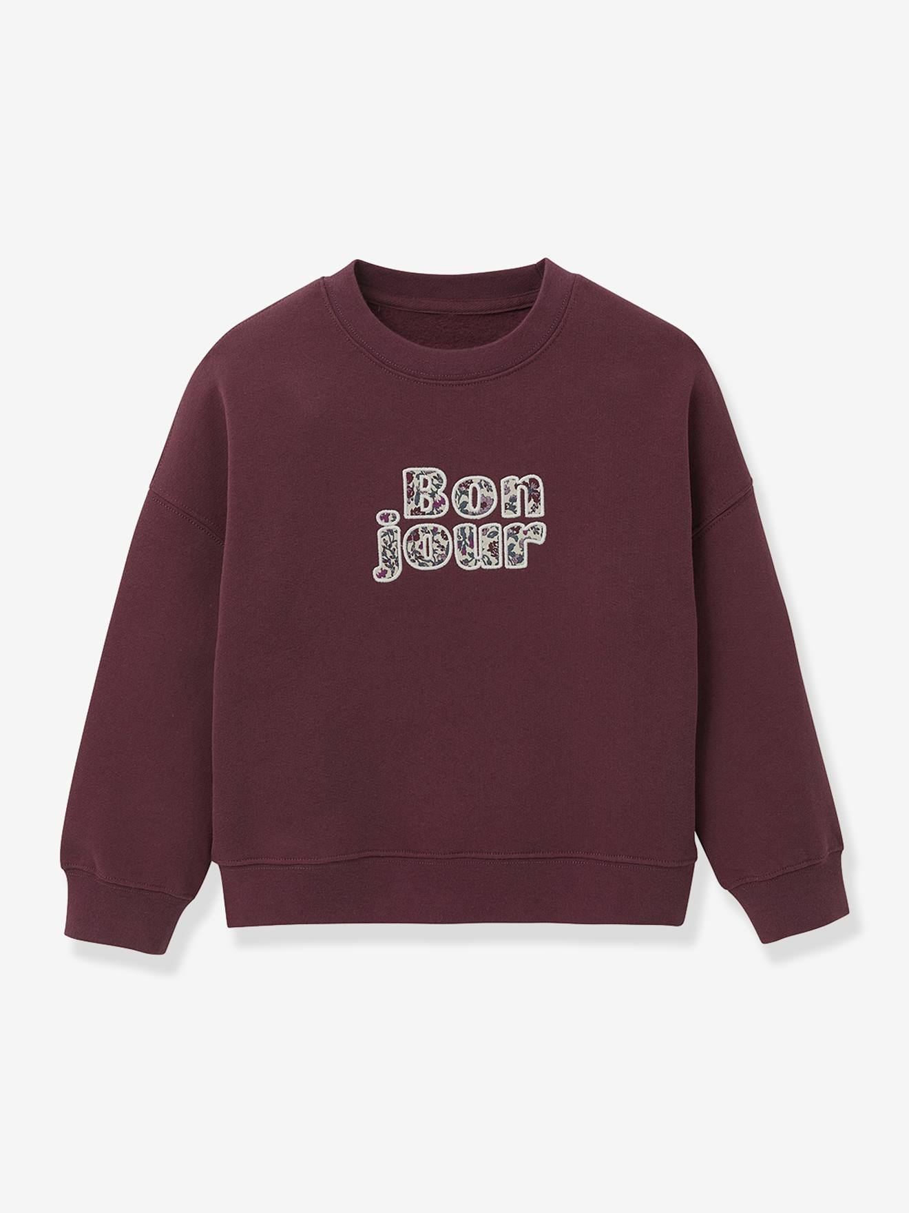 Girl's sweatshirt with slogan in organic cotton CYRILLUS bordeaux