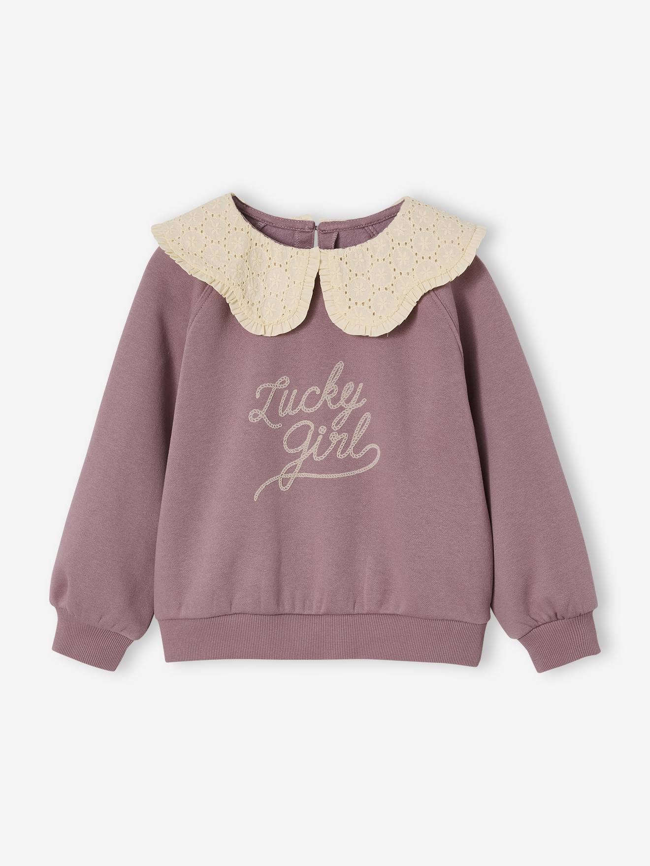 Girl's sweatshirt with English embroidery collar and flocked velvet message