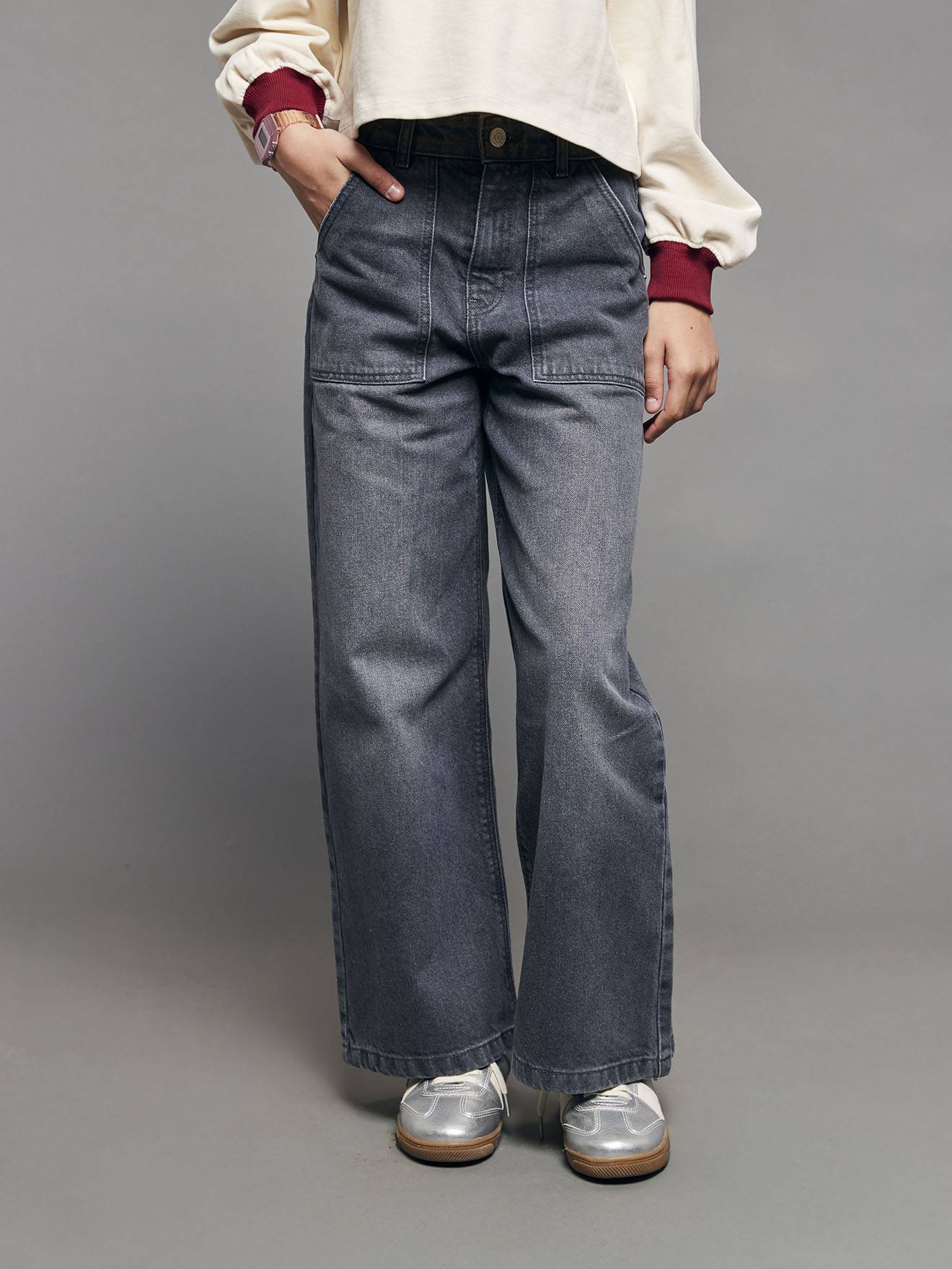 Wide-Leg Carpenter Trousers for Girls, JONEN denim grey