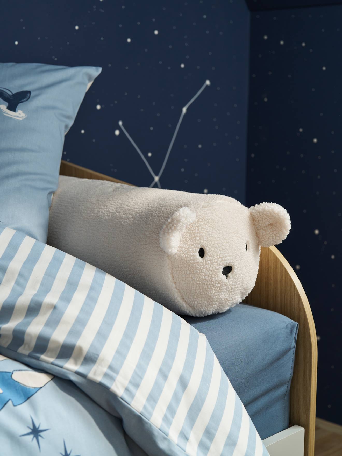 Sherpa Bolster Cushion with Bear Motif ecru