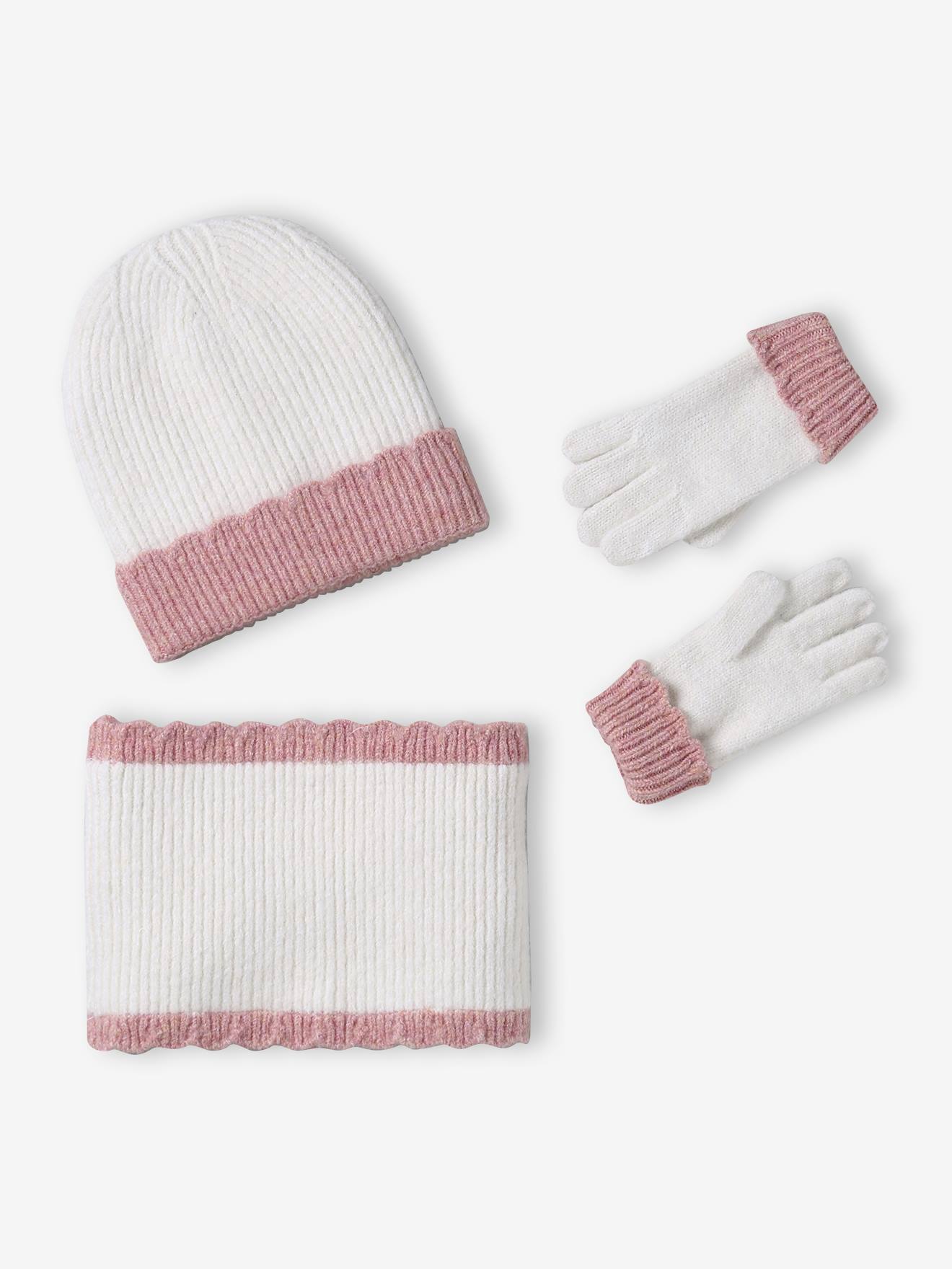 Girl's set: beanie + snood + mittens gloves ecru