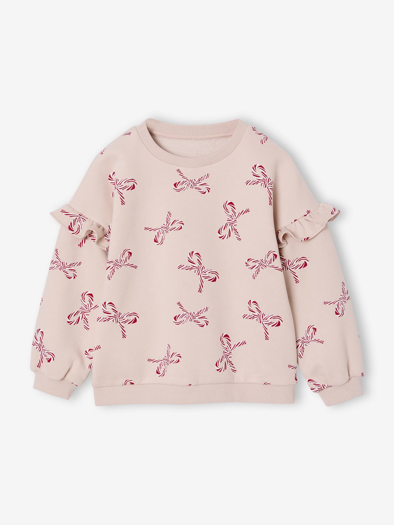 Christmas Special Sweatshirt with Candy Cane Glittery Hearts & Ruffled Sleeves