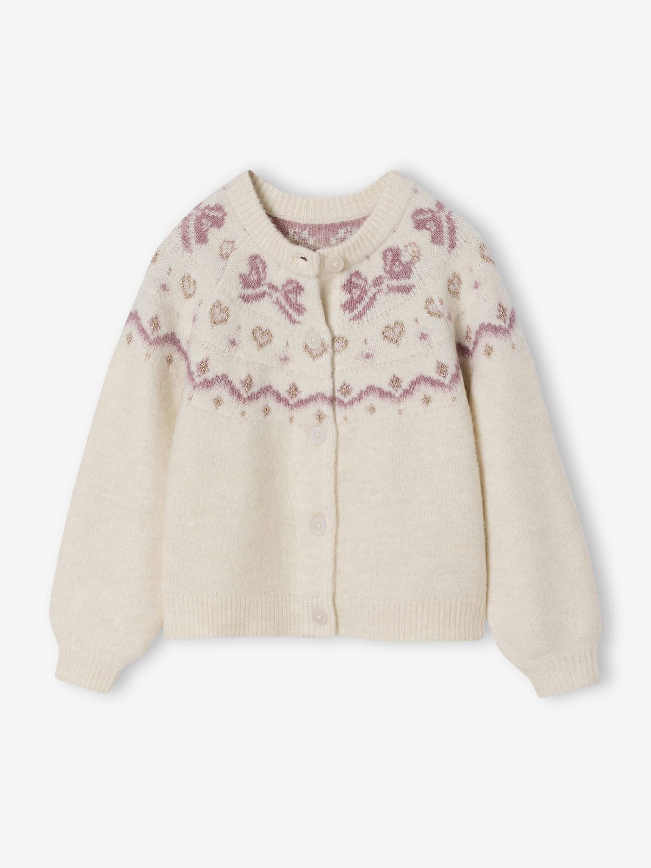 Girl's Christmas cardigan with jacquard patterns and sparkly details ecru