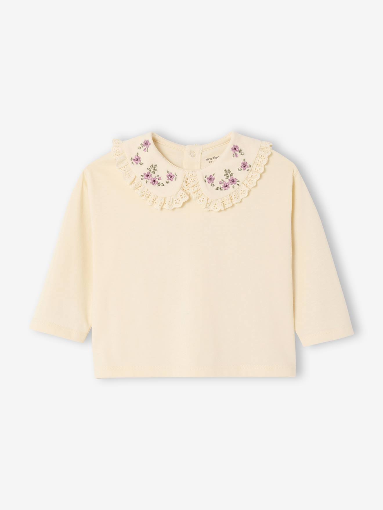 Long-sleeved baby t-shirt with English embroidery collar ecru