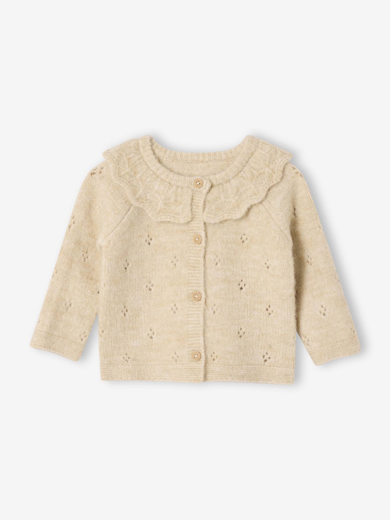 Fancy Knit Newborn Cardigan with Frilled Collar marl