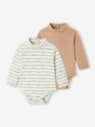 Pack of 2 Bodysuits in Interlock, 1 Striped + 1 Plain, for Newborns