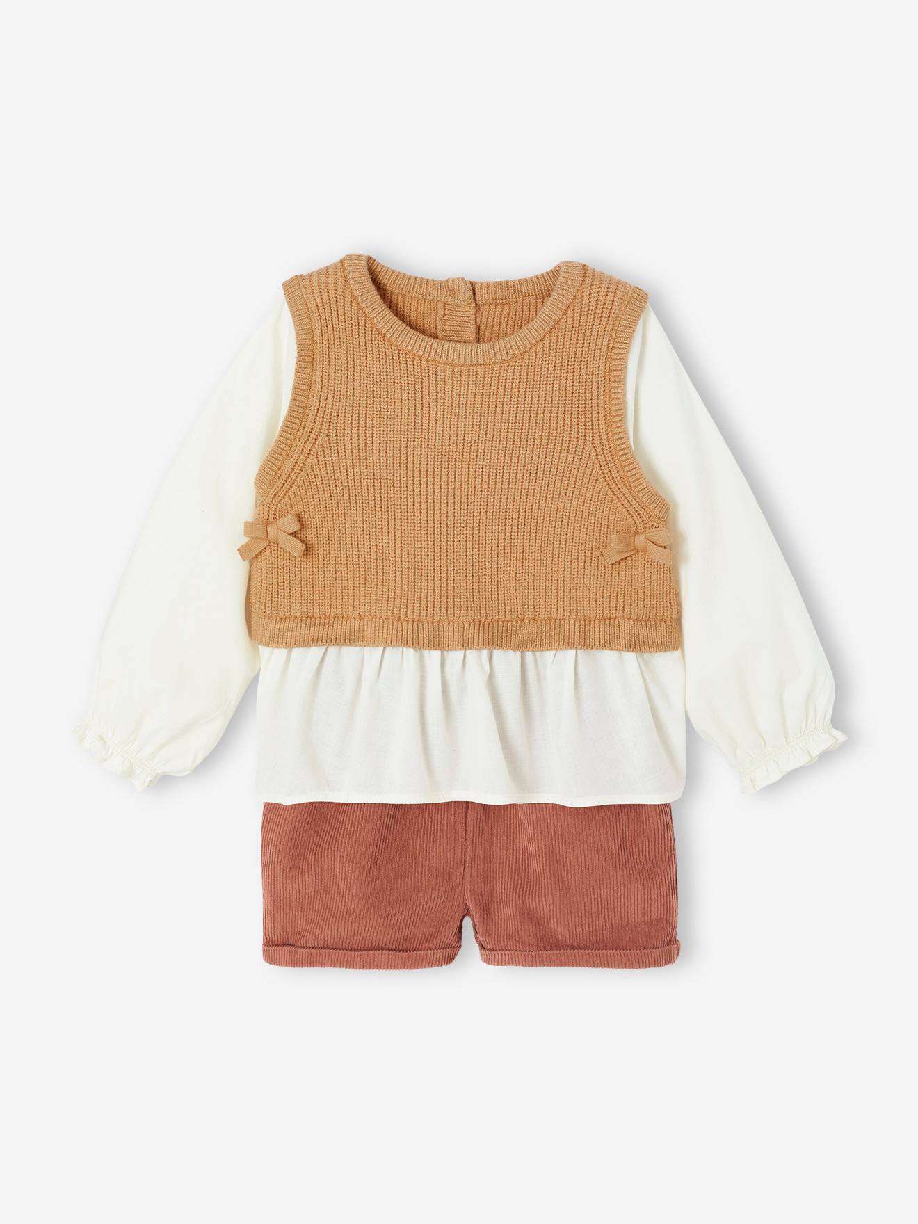 Set of 3 baby items: 2-in-1 jumper + short + scarf terracotta