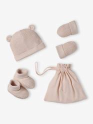Set of beanie, mittens and slippers in organic cotton and its customisable pouch